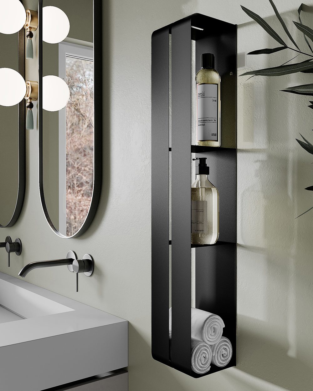 Vertical bathroom wall shelf